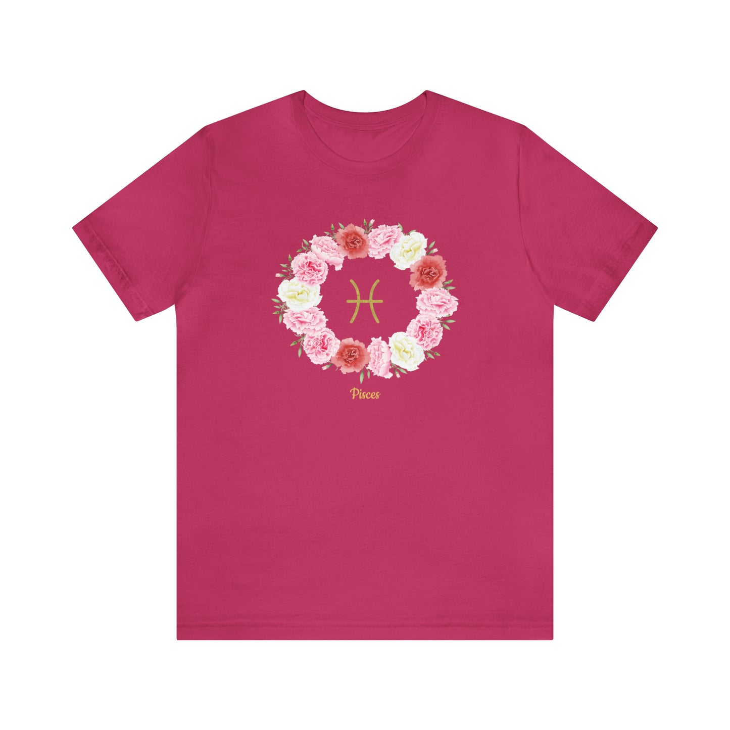 Pisces Symbol & Flowers Garland T-Shirt | Fun Pisces T-Shirt | Zodiac T-Shirt | Zodiac Sign Shirt | Astrology | Star Sign | Unisex Jersey Short Sleeve Tee