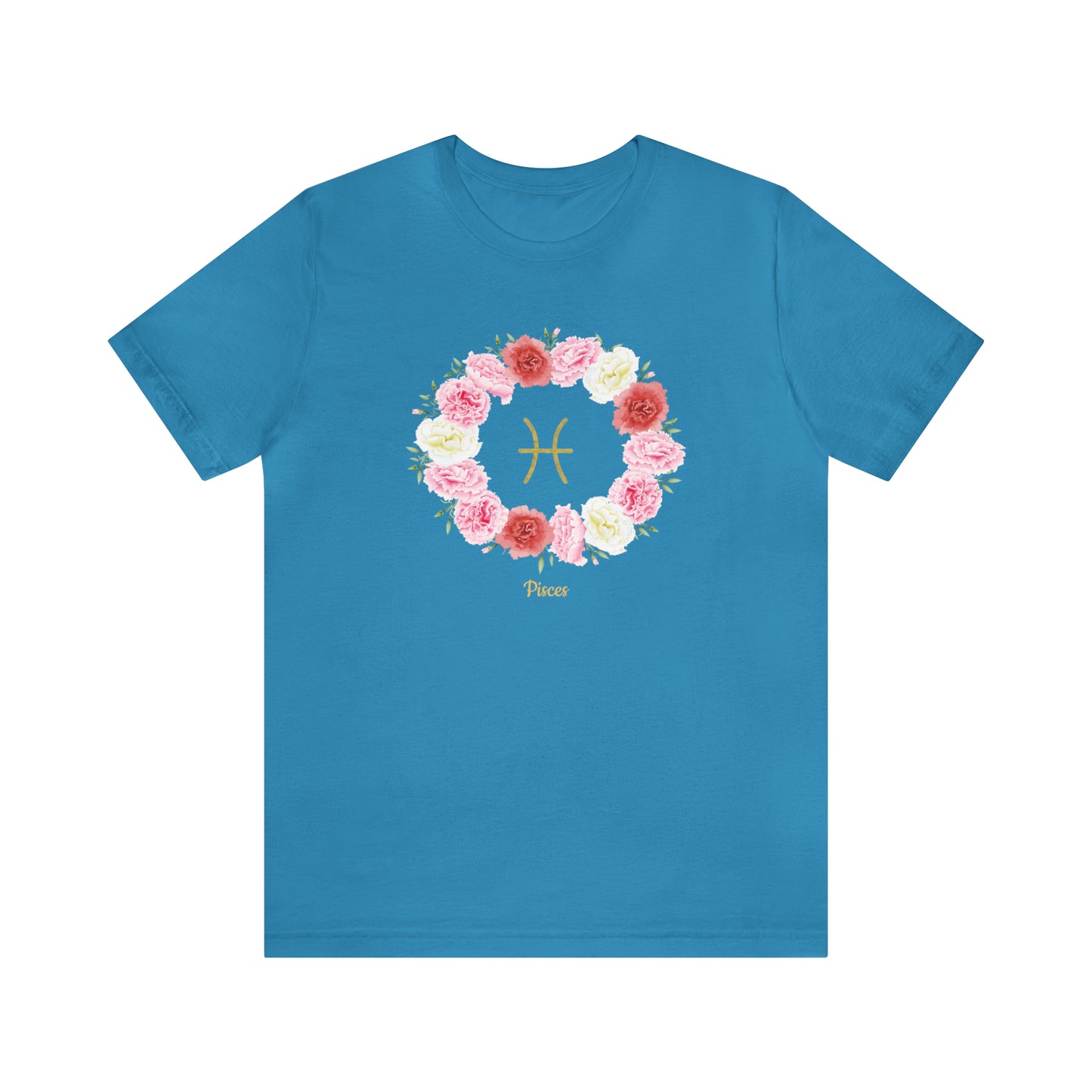 Pisces Symbol & Flowers Garland T-Shirt | Fun Pisces T-Shirt | Zodiac T-Shirt | Zodiac Sign Shirt | Astrology | Star Sign | Unisex Jersey Short Sleeve Tee