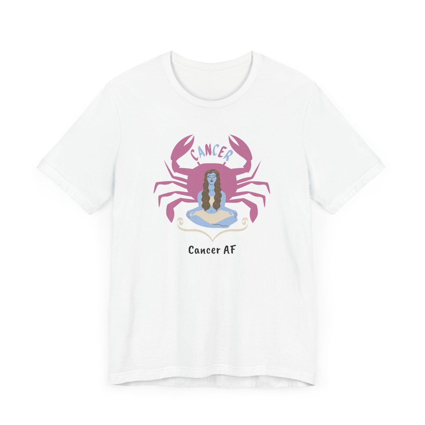 Cancer AF Lady and Crab White T-Shirt | Fun Cancer Crab T-Shirt | Zodiac T-Shirt | Zodiac Sign Shirt | Astrology | Star Sign | Unisex Jersey Short Sleeve Tee