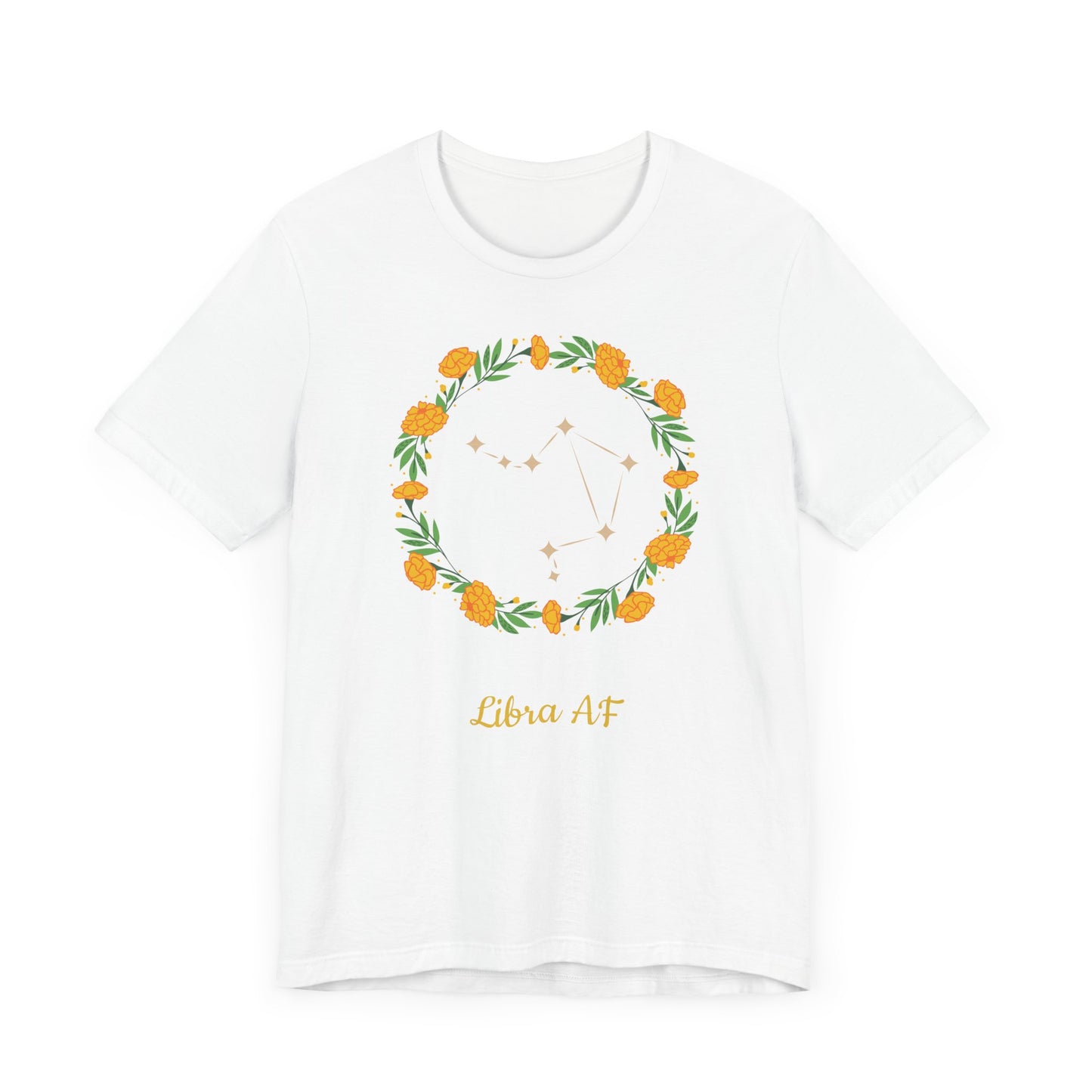 Libra Star Sign and Yellow Flower Garland T-Shirt | Fun Virgo T-Shirt | Zodiac T-Shirt | Zodiac Sign Shirt | Astrology | Star Sign | Unisex Jersey Short Sleeve Tee