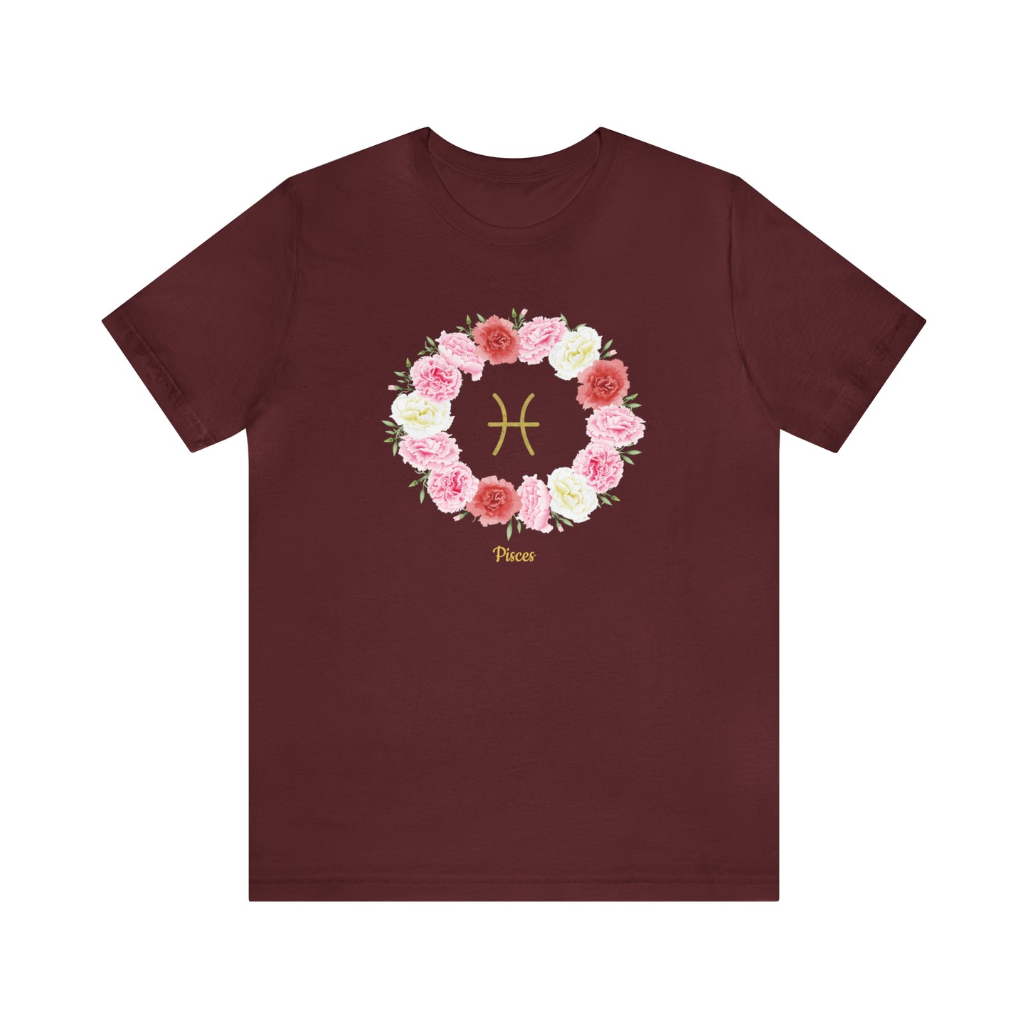 Pisces Symbol & Flowers Garland T-Shirt | Fun Pisces T-Shirt | Zodiac T-Shirt | Zodiac Sign Shirt | Astrology | Star Sign | Unisex Jersey Short Sleeve Tee