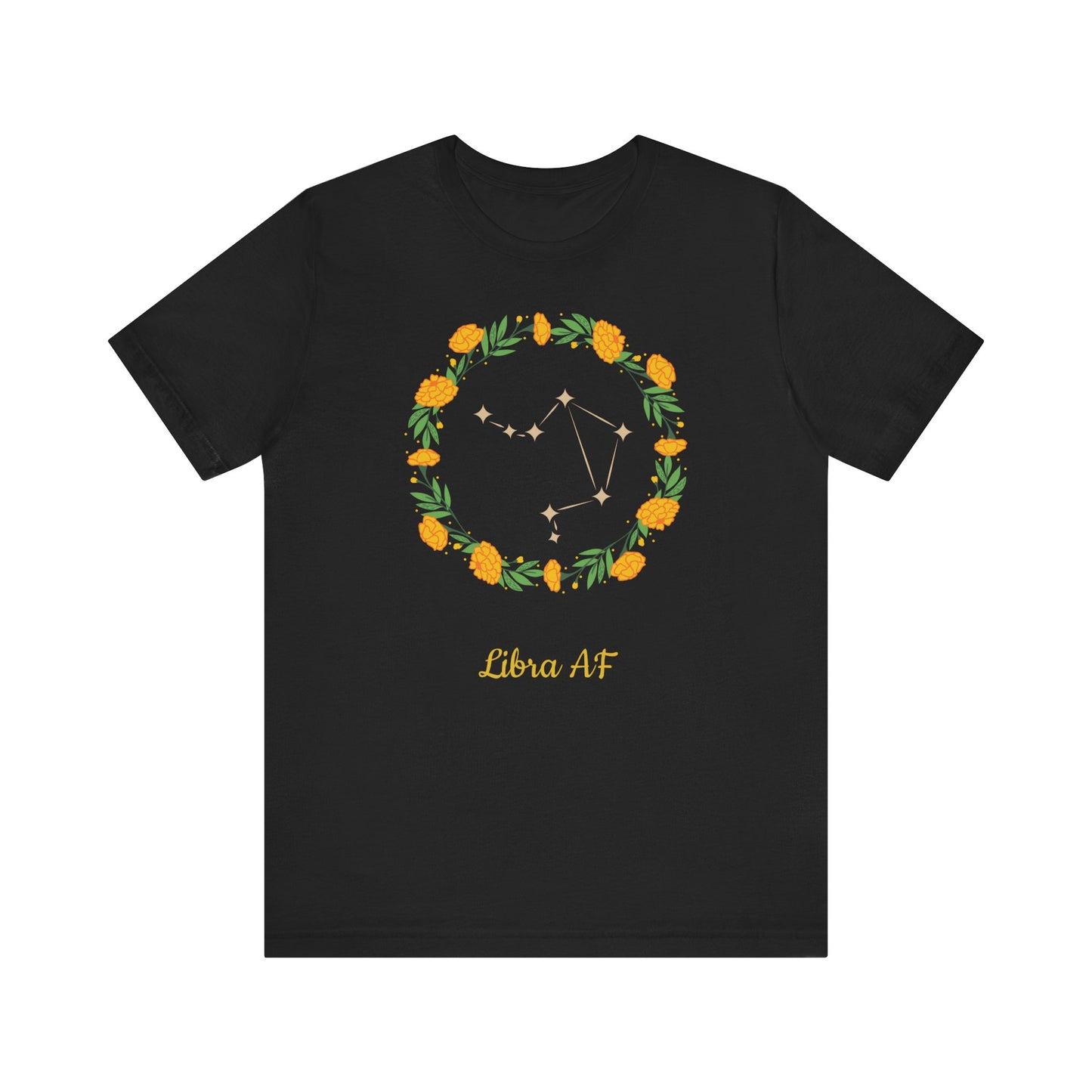 Libra Star Sign and Yellow Flower Garland T-Shirt | Fun Virgo T-Shirt | Zodiac T-Shirt | Zodiac Sign Shirt | Astrology | Star Sign | Unisex Jersey Short Sleeve Tee