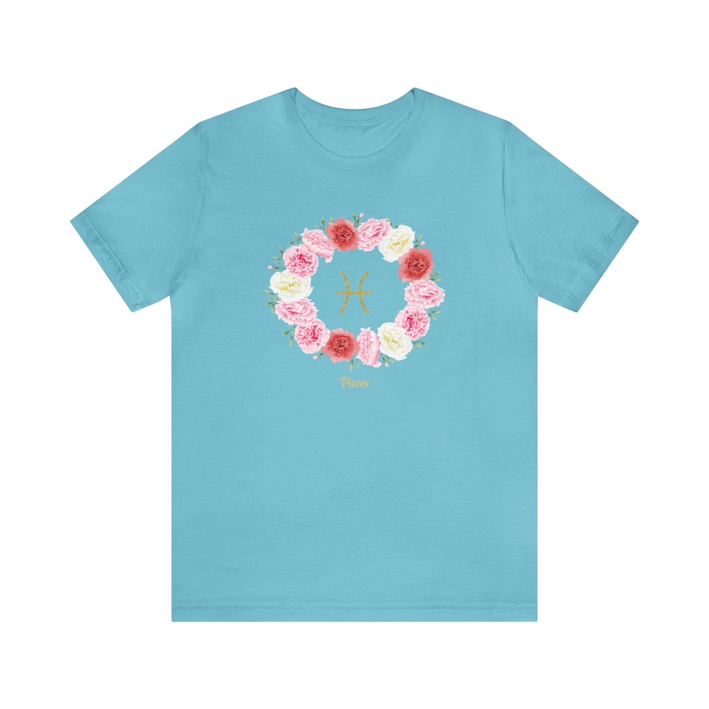Pisces Symbol & Flowers Garland T-Shirt | Fun Pisces T-Shirt | Zodiac T-Shirt | Zodiac Sign Shirt | Astrology | Star Sign | Unisex Jersey Short Sleeve Tee