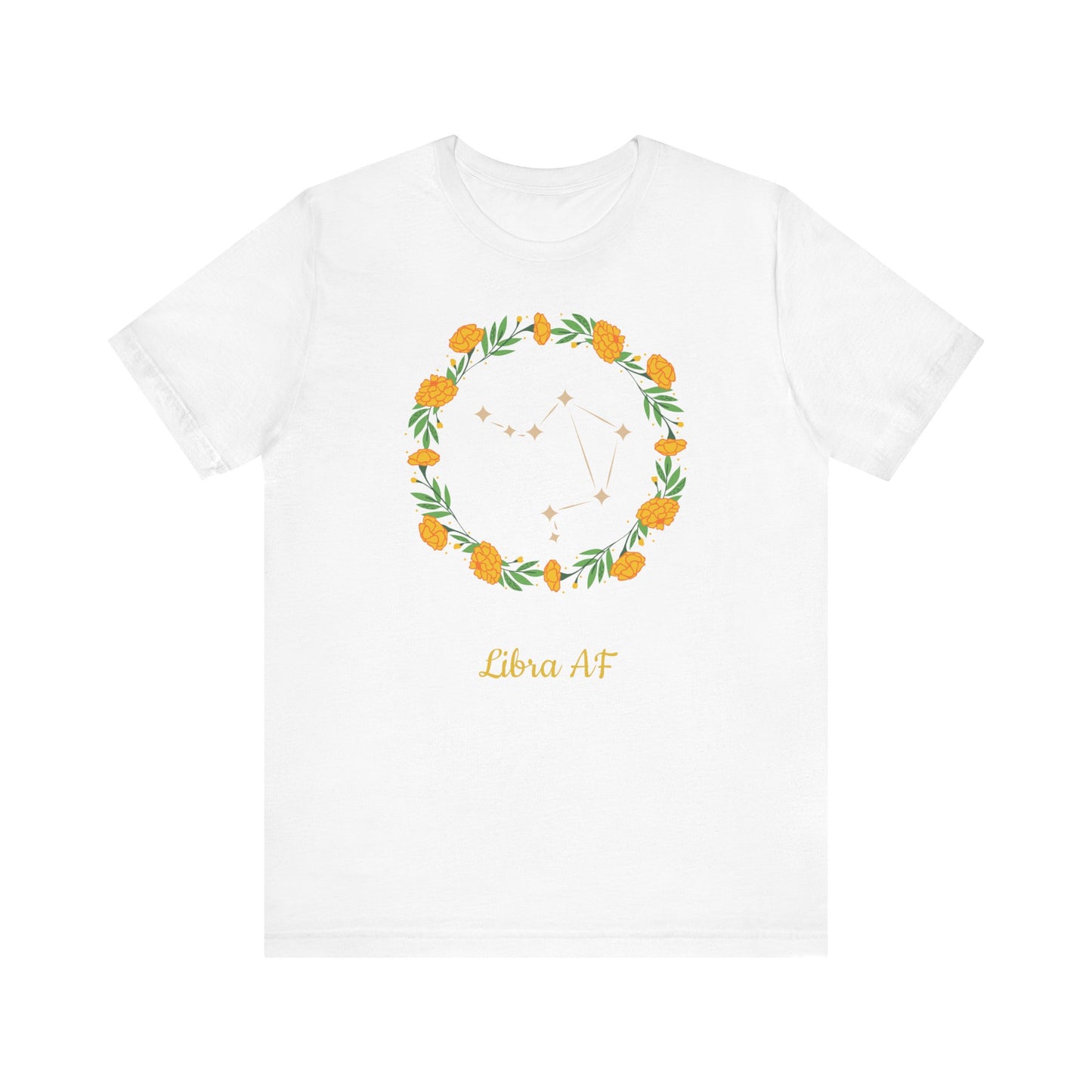 Libra Star Sign and Yellow Flower Garland T-Shirt | Fun Virgo T-Shirt | Zodiac T-Shirt | Zodiac Sign Shirt | Astrology | Star Sign | Unisex Jersey Short Sleeve Tee