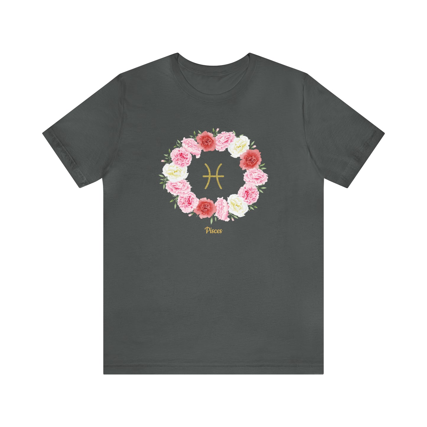 Pisces Symbol & Flowers Garland T-Shirt | Fun Pisces T-Shirt | Zodiac T-Shirt | Zodiac Sign Shirt | Astrology | Star Sign | Unisex Jersey Short Sleeve Tee