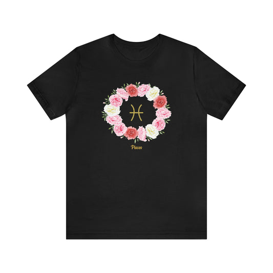 Pisces Symbol & Flowers Garland T-Shirt | Fun Pisces T-Shirt | Zodiac T-Shirt | Zodiac Sign Shirt | Astrology | Star Sign | Unisex Jersey Short Sleeve Tee