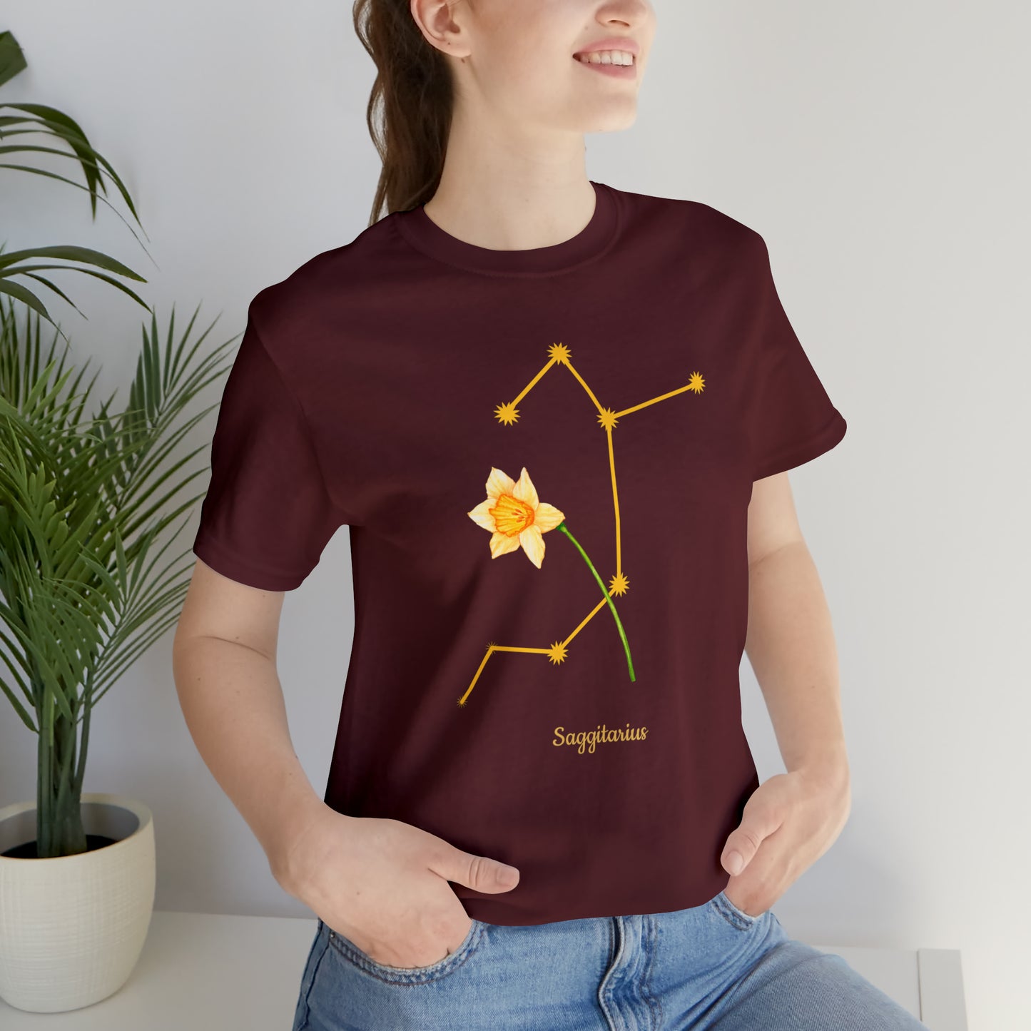 Sagittarius Daffodil Flower & Stars T-Shirt | Fun Sagittarius T-Shirt | Zodiac T-Shirt | Zodiac Sign Shirt | Astrology | Star Sign | Unisex Jersey Short Sleeve Tee