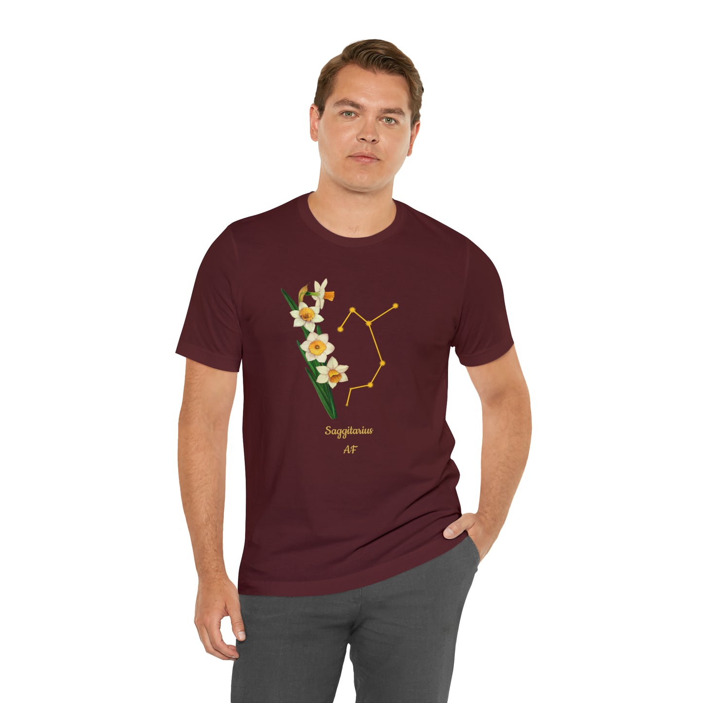 Sagittarius Daffodil Bunch & Stars AF T-Shirt | Fun Sagittarius T-Shirt | Zodiac T-Shirt | Zodiac Sign Shirt | Astrology | Star Sign | Unisex Jersey Short Sleeve Tee