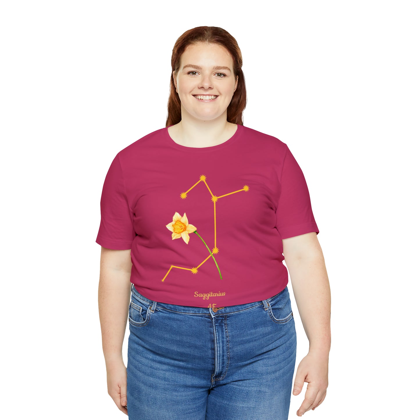 Sagittarius Daffodil Flower & Stars AF T-Shirt | Fun Sagittarius T-Shirt | Zodiac T-Shirt | Zodiac Sign Shirt | Astrology | Star Sign | Unisex Jersey Short Sleeve Tee
