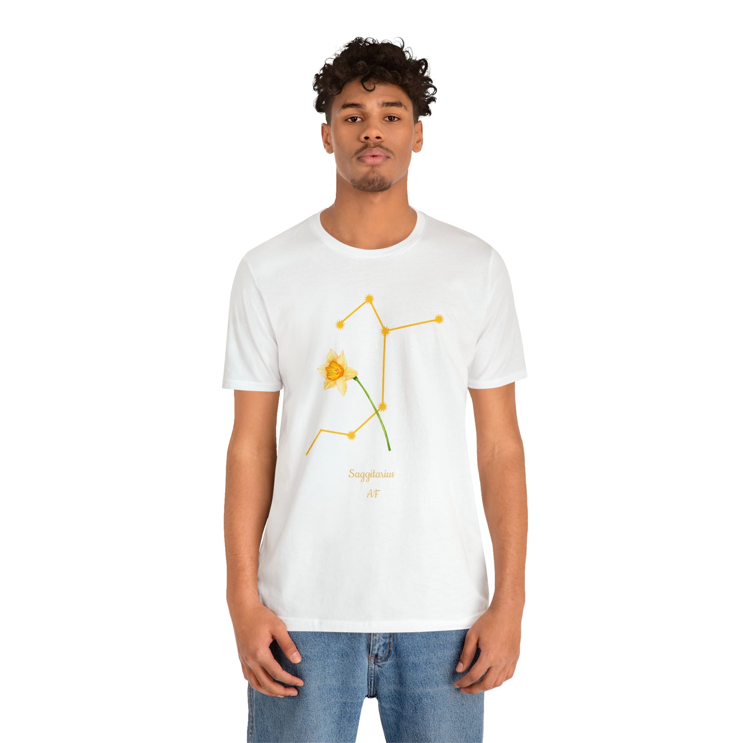Sagittarius Daffodil Flower & Stars AF T-Shirt | Fun Sagittarius T-Shirt | Zodiac T-Shirt | Zodiac Sign Shirt | Astrology | Star Sign | Unisex Jersey Short Sleeve Tee