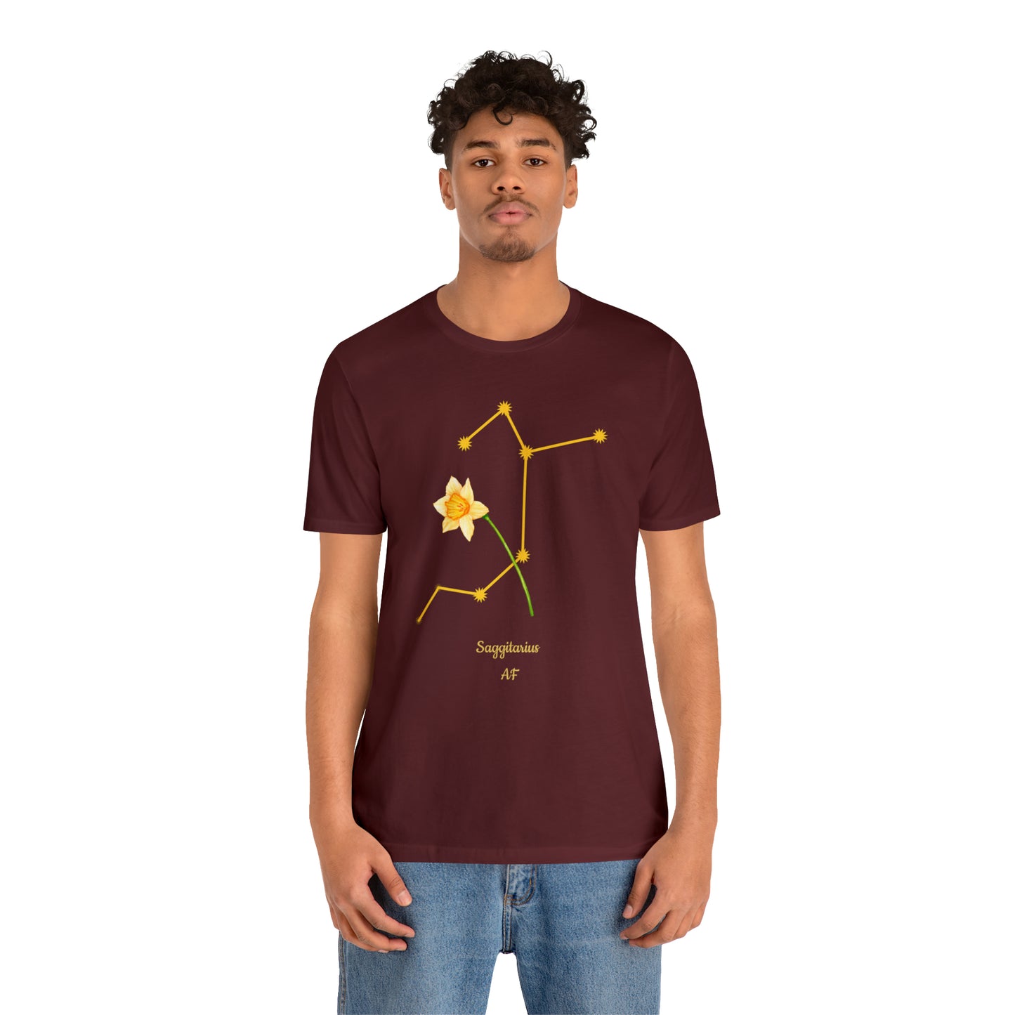 Sagittarius Daffodil Flower & Stars AF T-Shirt | Fun Sagittarius T-Shirt | Zodiac T-Shirt | Zodiac Sign Shirt | Astrology | Star Sign | Unisex Jersey Short Sleeve Tee