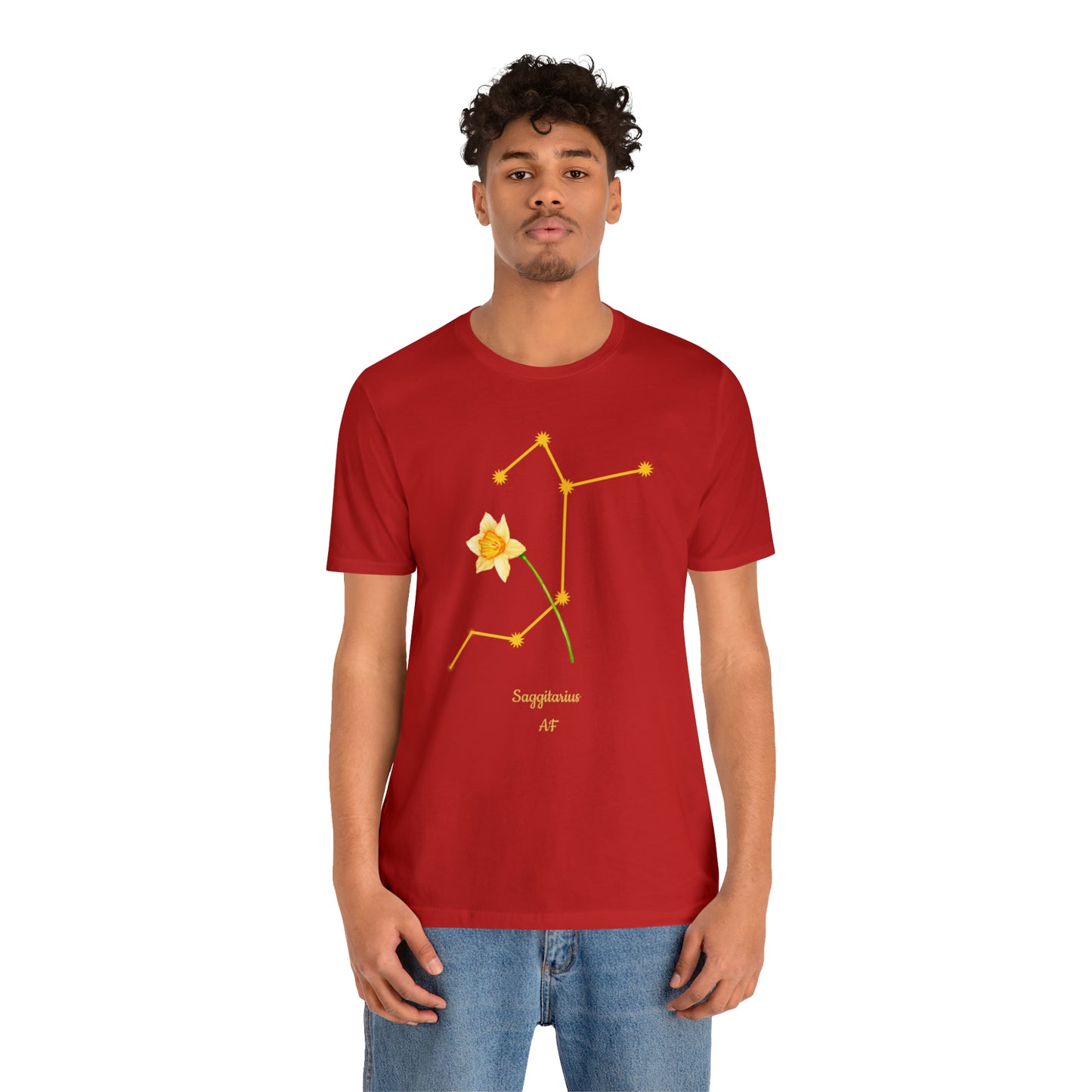 Sagittarius Daffodil Flower & Stars AF T-Shirt | Fun Sagittarius T-Shirt | Zodiac T-Shirt | Zodiac Sign Shirt | Astrology | Star Sign | Unisex Jersey Short Sleeve Tee