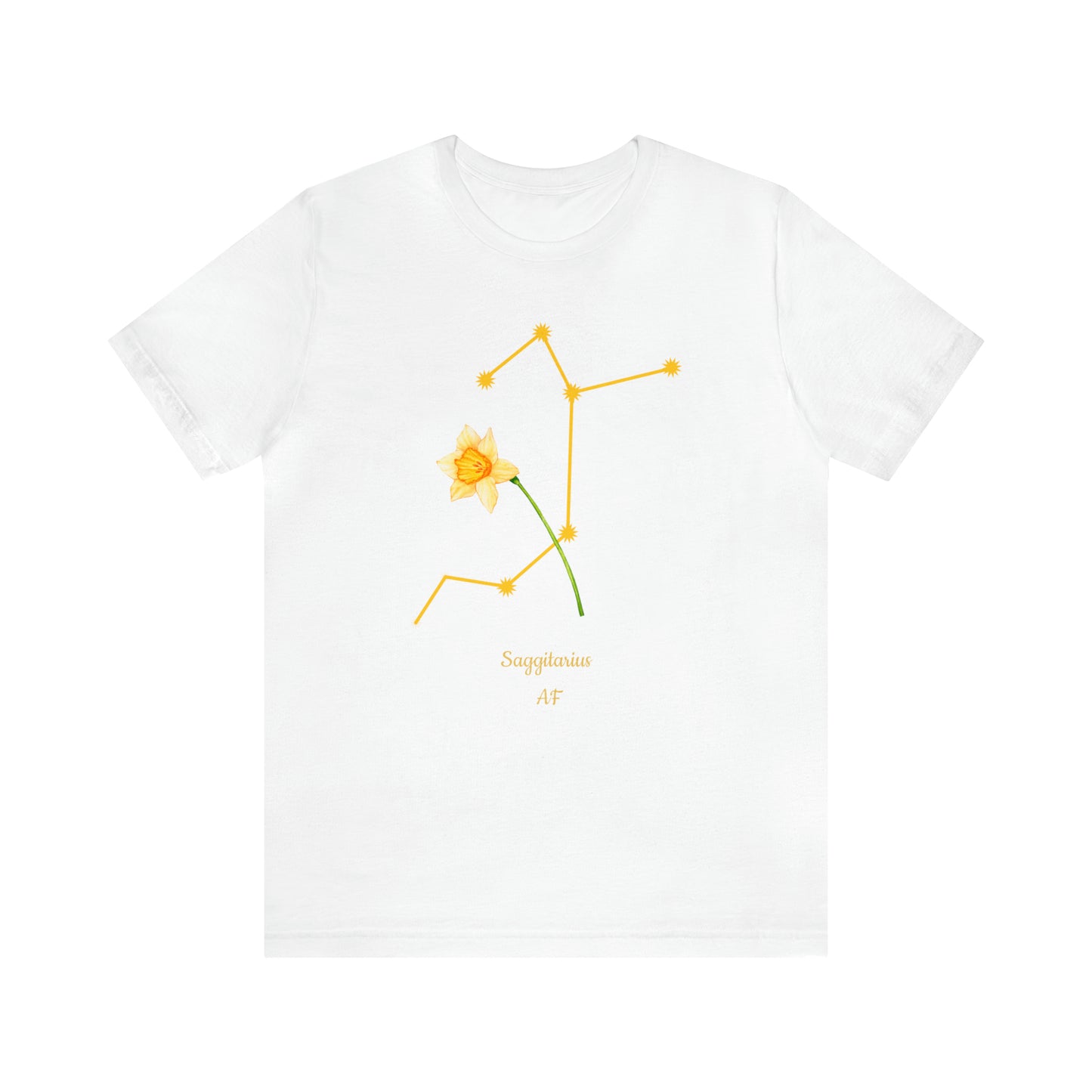 Sagittarius Daffodil Flower & Stars AF T-Shirt | Fun Sagittarius T-Shirt | Zodiac T-Shirt | Zodiac Sign Shirt | Astrology | Star Sign | Unisex Jersey Short Sleeve Tee