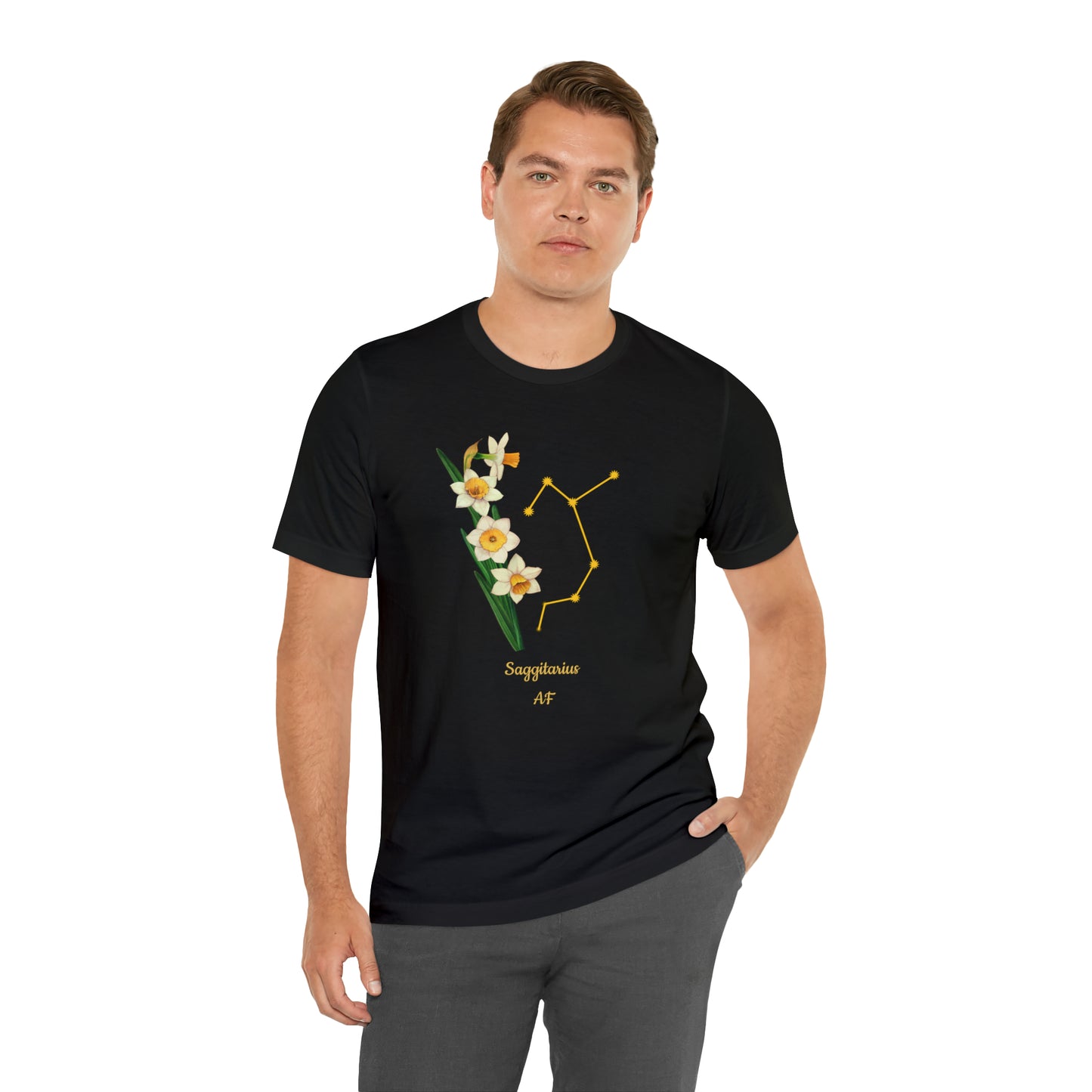 Sagittarius Daffodil Bunch & Stars AF T-Shirt | Fun Sagittarius T-Shirt | Zodiac T-Shirt | Zodiac Sign Shirt | Astrology | Star Sign | Unisex Jersey Short Sleeve Tee