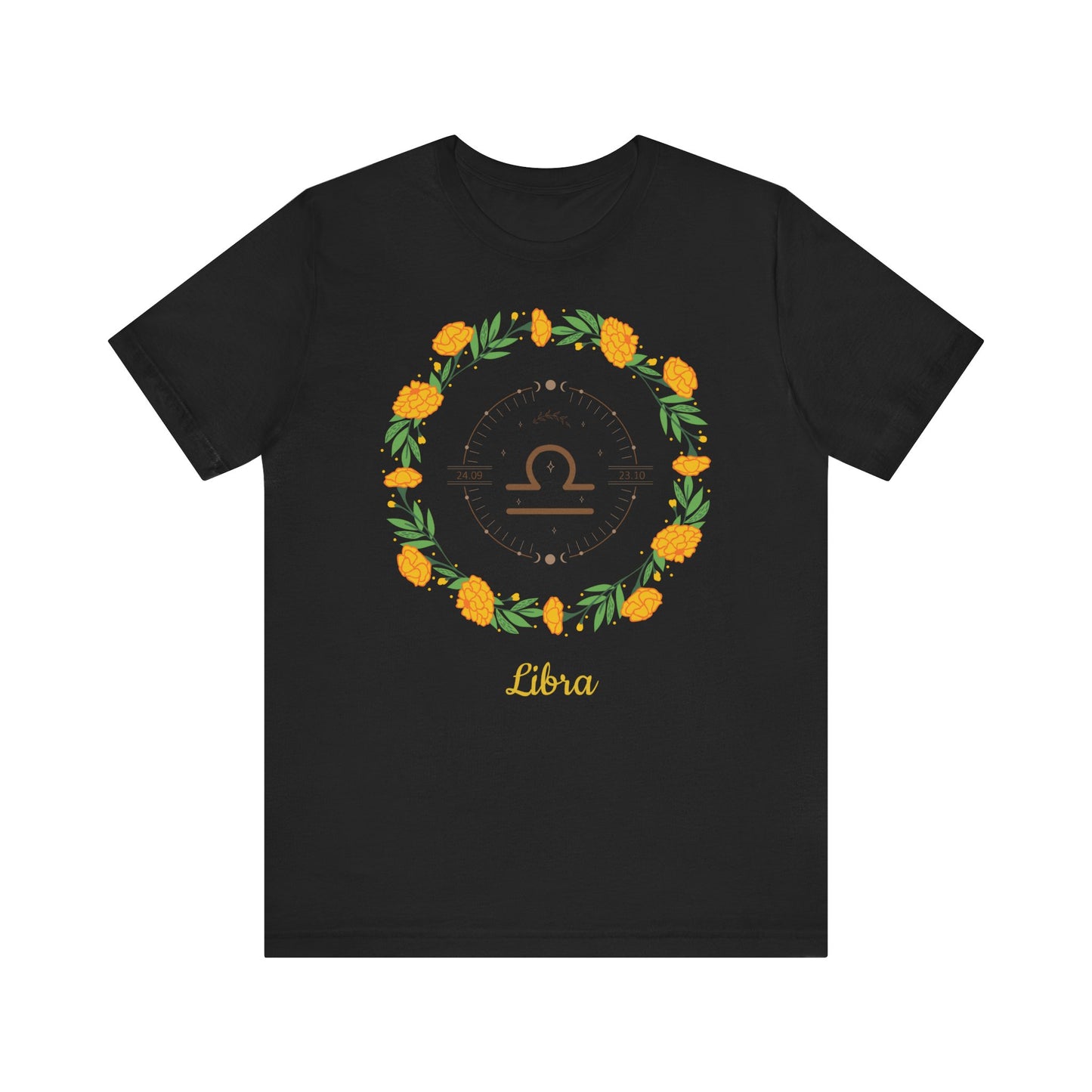 Libra Symbol and Garland T-Shirt | Fun Libra T-Shirt | Zodiac T-Shirt | Zodiac Sign Shirt | Astrology | Star Sign | Unisex Jersey Short Sleeve Tee