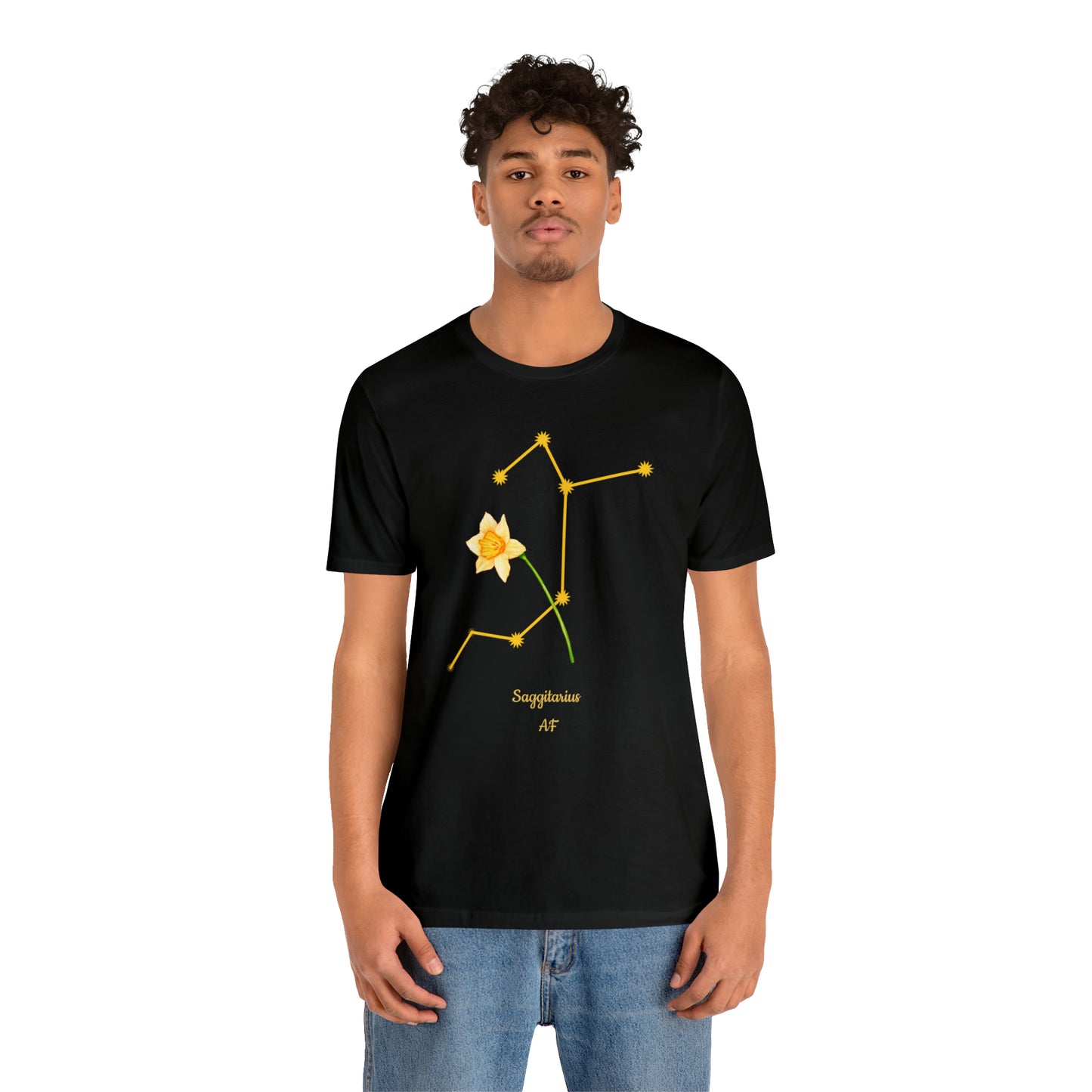 Sagittarius Daffodil Flower & Stars AF T-Shirt | Fun Sagittarius T-Shirt | Zodiac T-Shirt | Zodiac Sign Shirt | Astrology | Star Sign | Unisex Jersey Short Sleeve Tee