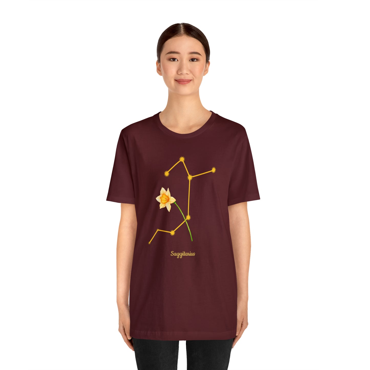 Sagittarius Daffodil Flower & Stars T-Shirt | Fun Sagittarius T-Shirt | Zodiac T-Shirt | Zodiac Sign Shirt | Astrology | Star Sign | Unisex Jersey Short Sleeve Tee