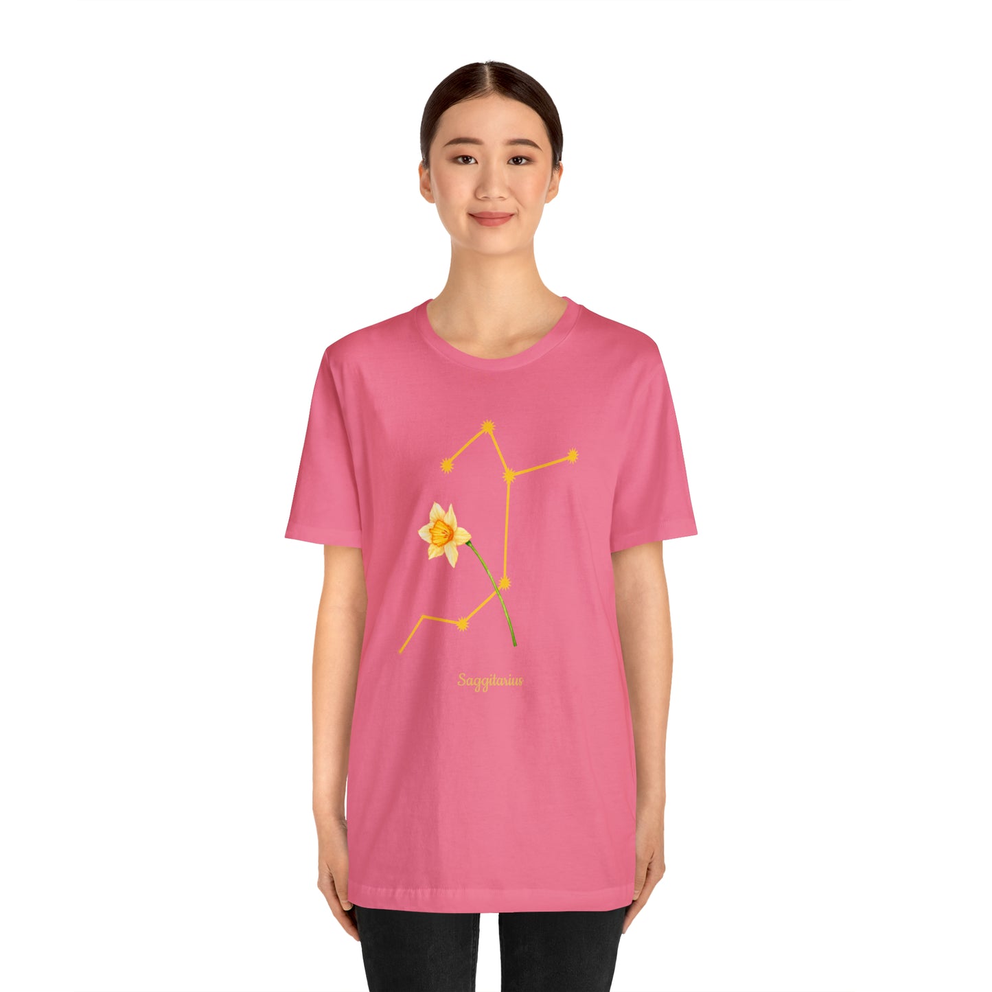 Sagittarius Daffodil Flower & Stars T-Shirt | Fun Sagittarius T-Shirt | Zodiac T-Shirt | Zodiac Sign Shirt | Astrology | Star Sign | Unisex Jersey Short Sleeve Tee