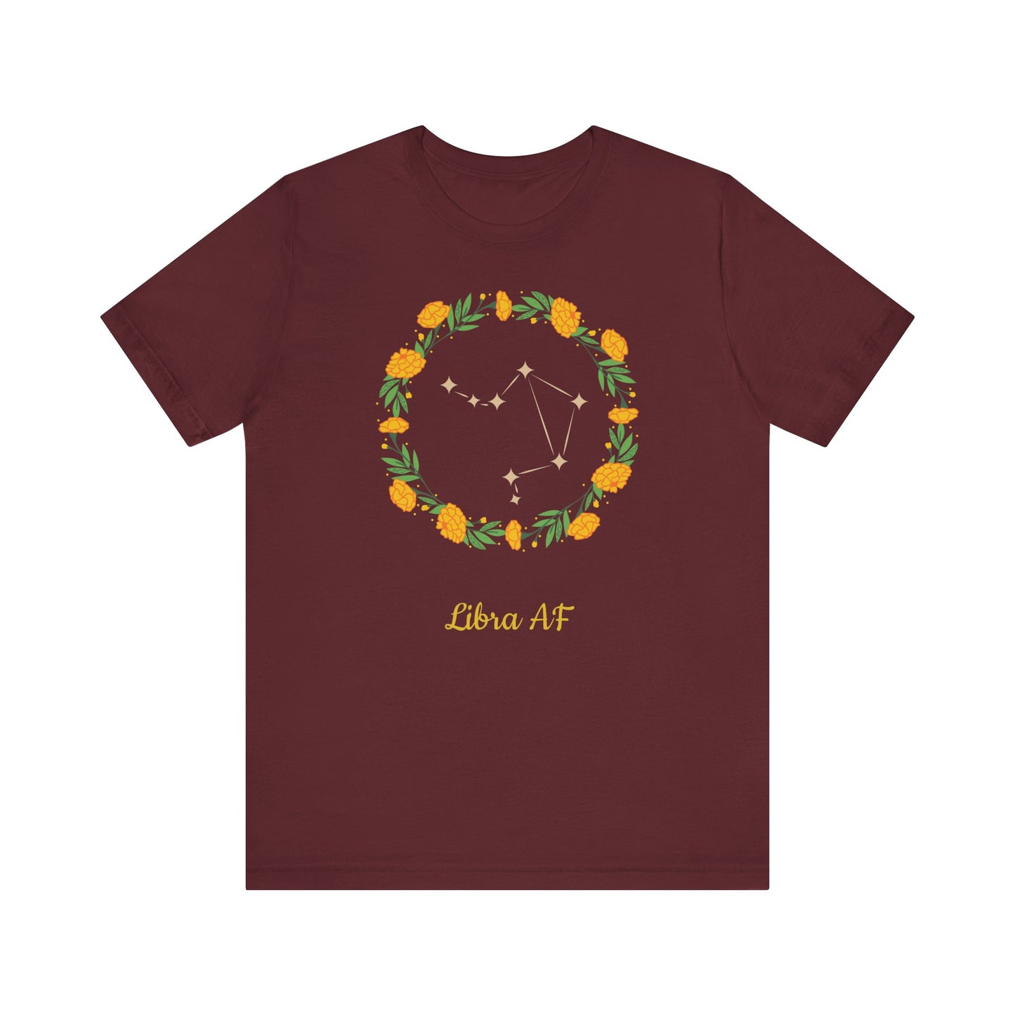 Libra Star Sign and Yellow Flower Garland T-Shirt | Fun Virgo T-Shirt | Zodiac T-Shirt | Zodiac Sign Shirt | Astrology | Star Sign | Unisex Jersey Short Sleeve Tee
