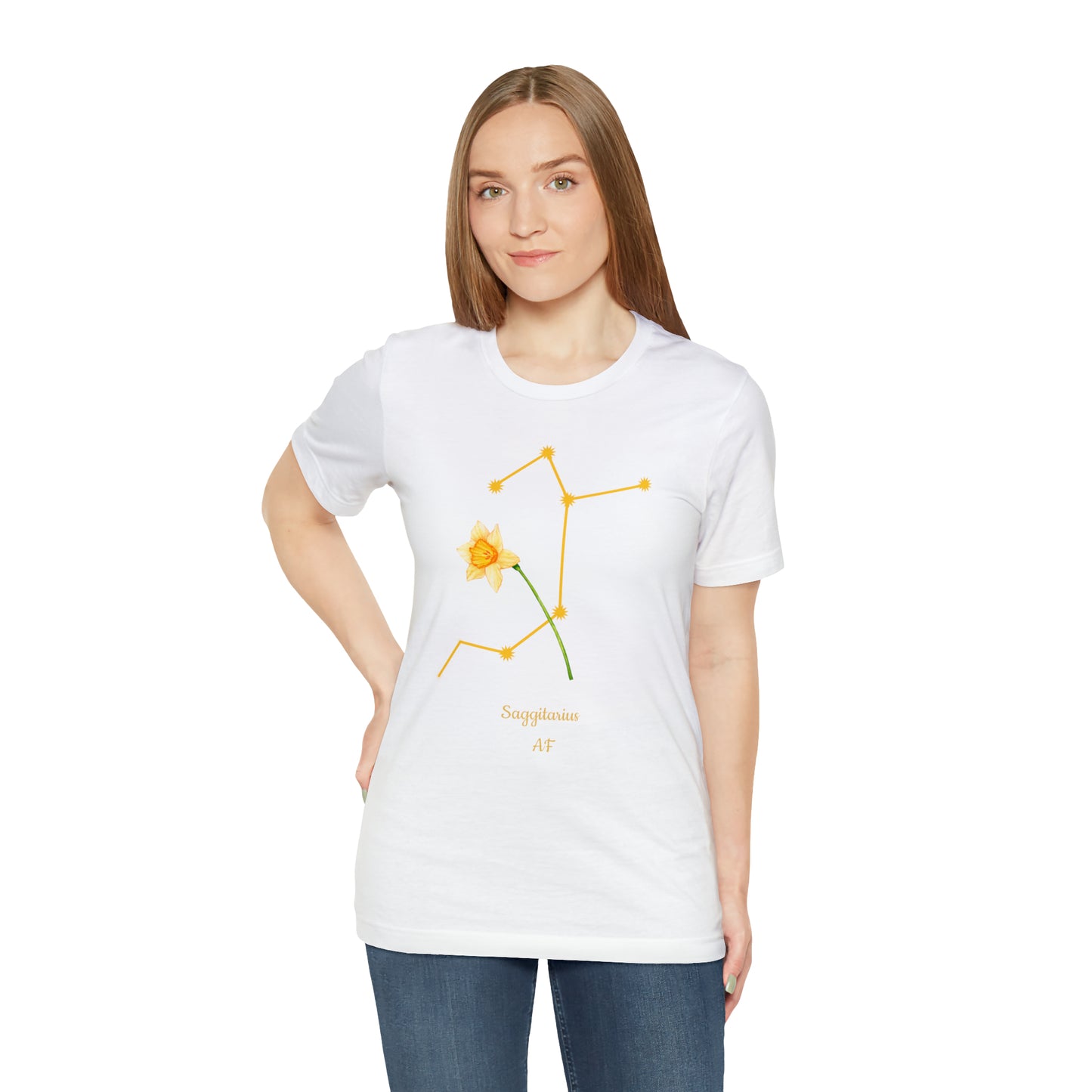 Sagittarius Daffodil Flower & Stars AF T-Shirt | Fun Sagittarius T-Shirt | Zodiac T-Shirt | Zodiac Sign Shirt | Astrology | Star Sign | Unisex Jersey Short Sleeve Tee
