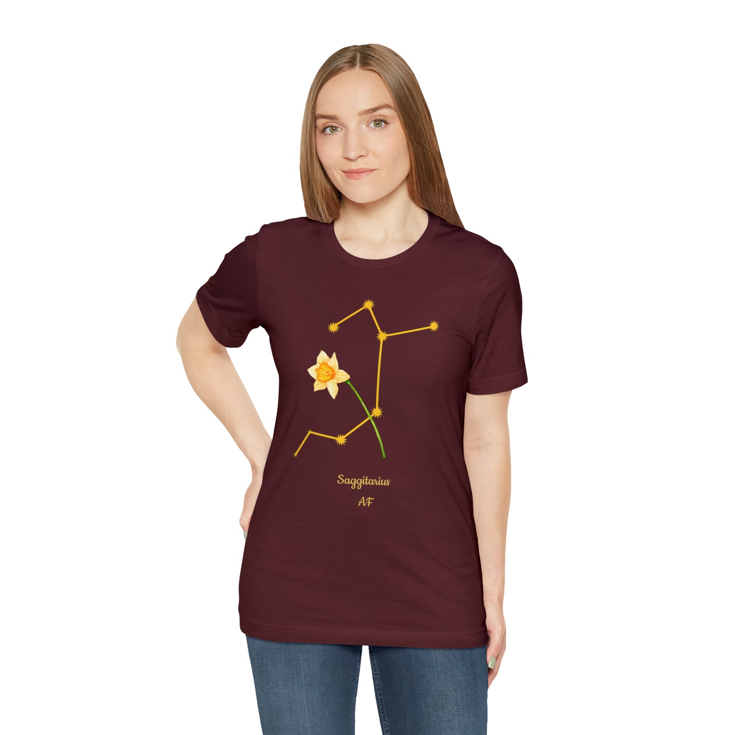 Sagittarius Daffodil Flower & Stars AF T-Shirt | Fun Sagittarius T-Shirt | Zodiac T-Shirt | Zodiac Sign Shirt | Astrology | Star Sign | Unisex Jersey Short Sleeve Tee