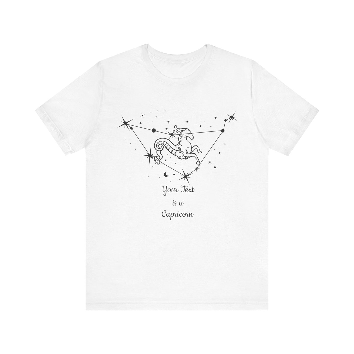 Your TEXT on Capricorn Goat Black T-Shirt | Email Us Your Name to info@catchrisapparel.com | Zodiac T-Shirt | Zodiac Sign Shirt | Astrology | Star Sign | Unisex Jersey Short Sleeve Tee