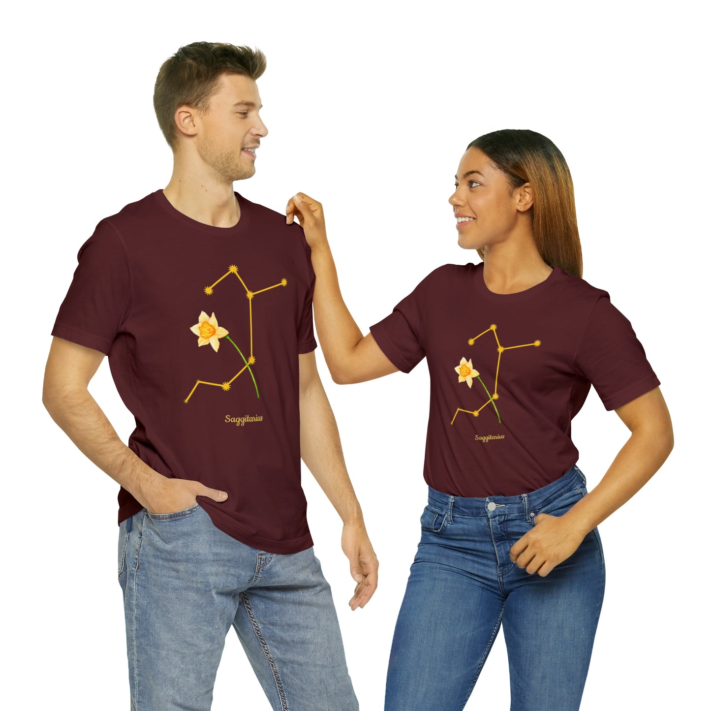 Sagittarius Daffodil Flower & Stars T-Shirt | Fun Sagittarius T-Shirt | Zodiac T-Shirt | Zodiac Sign Shirt | Astrology | Star Sign | Unisex Jersey Short Sleeve Tee