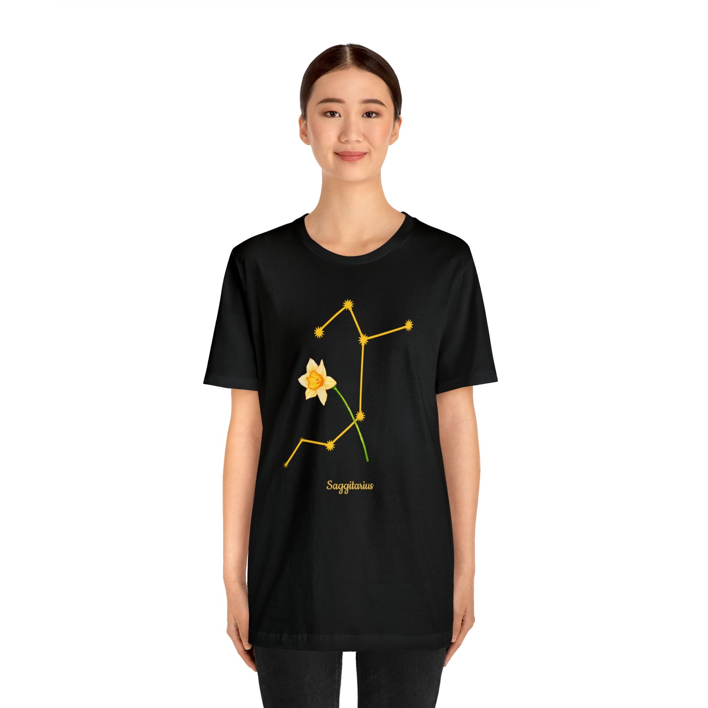 Sagittarius Daffodil Flower & Stars T-Shirt | Fun Sagittarius T-Shirt | Zodiac T-Shirt | Zodiac Sign Shirt | Astrology | Star Sign | Unisex Jersey Short Sleeve Tee