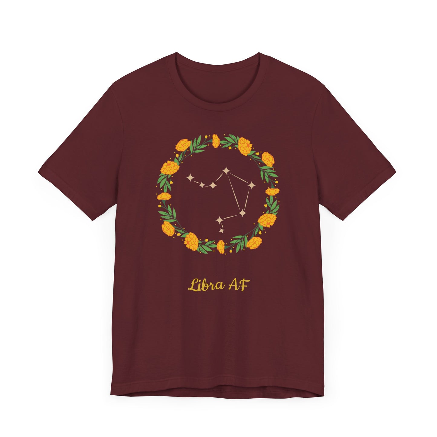 Libra Star Sign and Yellow Flower Garland T-Shirt | Fun Virgo T-Shirt | Zodiac T-Shirt | Zodiac Sign Shirt | Astrology | Star Sign | Unisex Jersey Short Sleeve Tee