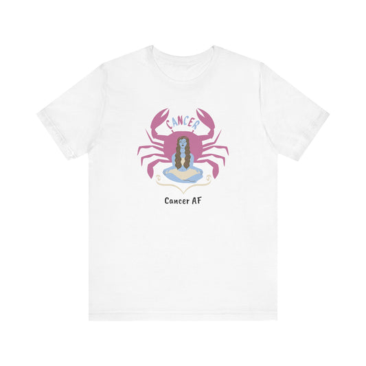 Cancer AF Lady and Crab White T-Shirt | Fun Cancer Crab T-Shirt | Zodiac T-Shirt | Zodiac Sign Shirt | Astrology | Star Sign | Unisex Jersey Short Sleeve Tee