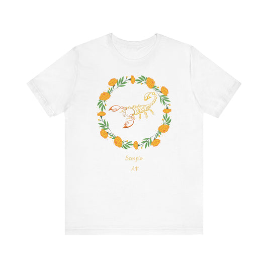 Scorpio AF Symbol & Garland T-Shirt | Fun Scorpio T-Shirt | Zodiac T-Shirt | Zodiac Sign Shirt | Astrology | Star Sign | Unisex Jersey Short Sleeve Tee