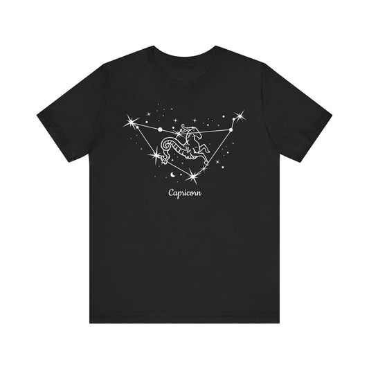 Capricorn Goat and Star Map White T-Shirt | Fun Capricorn T-Shirt | Zodiac T-Shirt | Zodiac Sign Shirt | Astrology | Star Sign | Unisex Jersey Short Sleeve Tee