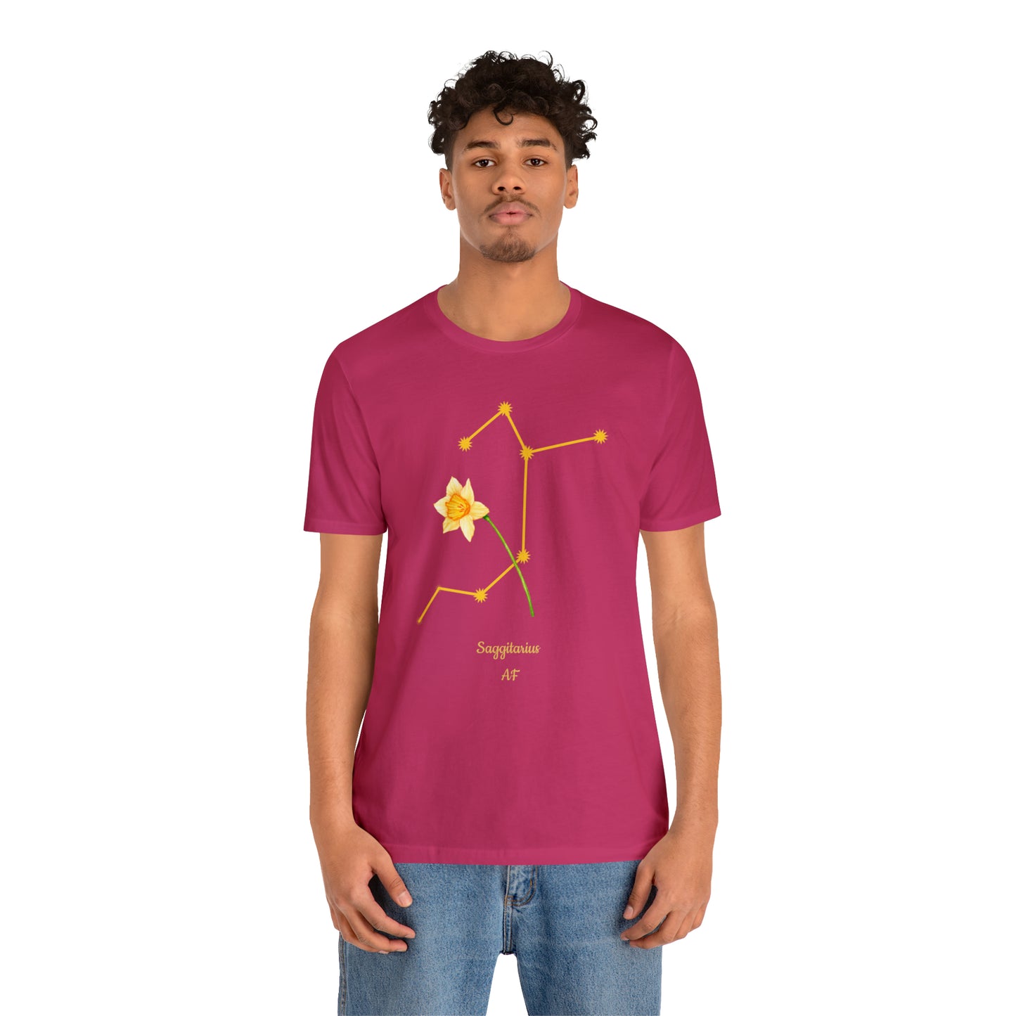 Sagittarius Daffodil Flower & Stars AF T-Shirt | Fun Sagittarius T-Shirt | Zodiac T-Shirt | Zodiac Sign Shirt | Astrology | Star Sign | Unisex Jersey Short Sleeve Tee