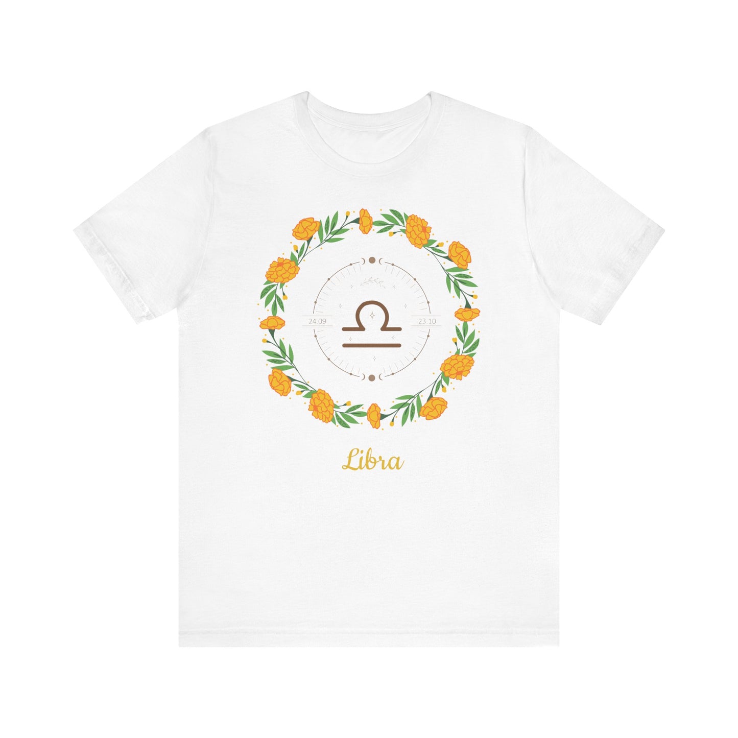 Libra Symbol and Garland T-Shirt | Fun Libra T-Shirt | Zodiac T-Shirt | Zodiac Sign Shirt | Astrology | Star Sign | Unisex Jersey Short Sleeve Tee