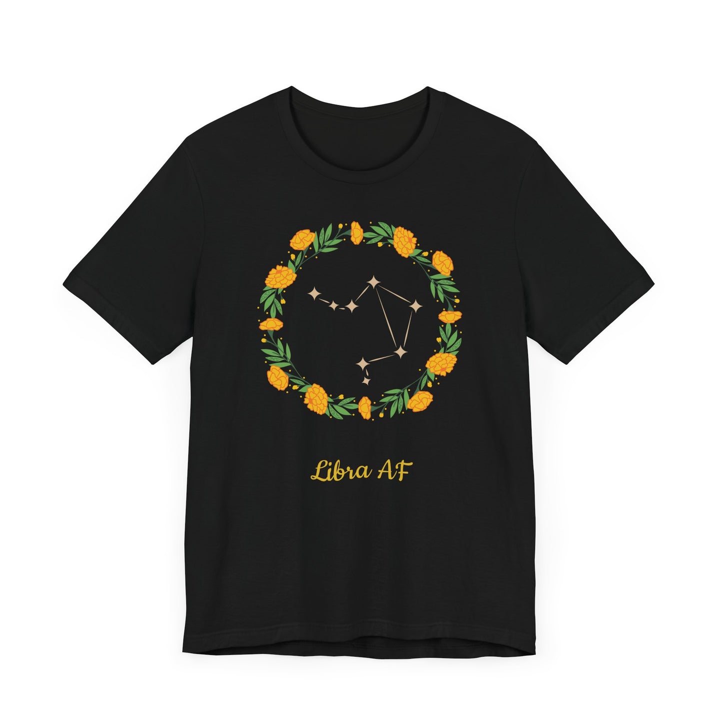 Libra Star Sign and Yellow Flower Garland T-Shirt | Fun Virgo T-Shirt | Zodiac T-Shirt | Zodiac Sign Shirt | Astrology | Star Sign | Unisex Jersey Short Sleeve Tee