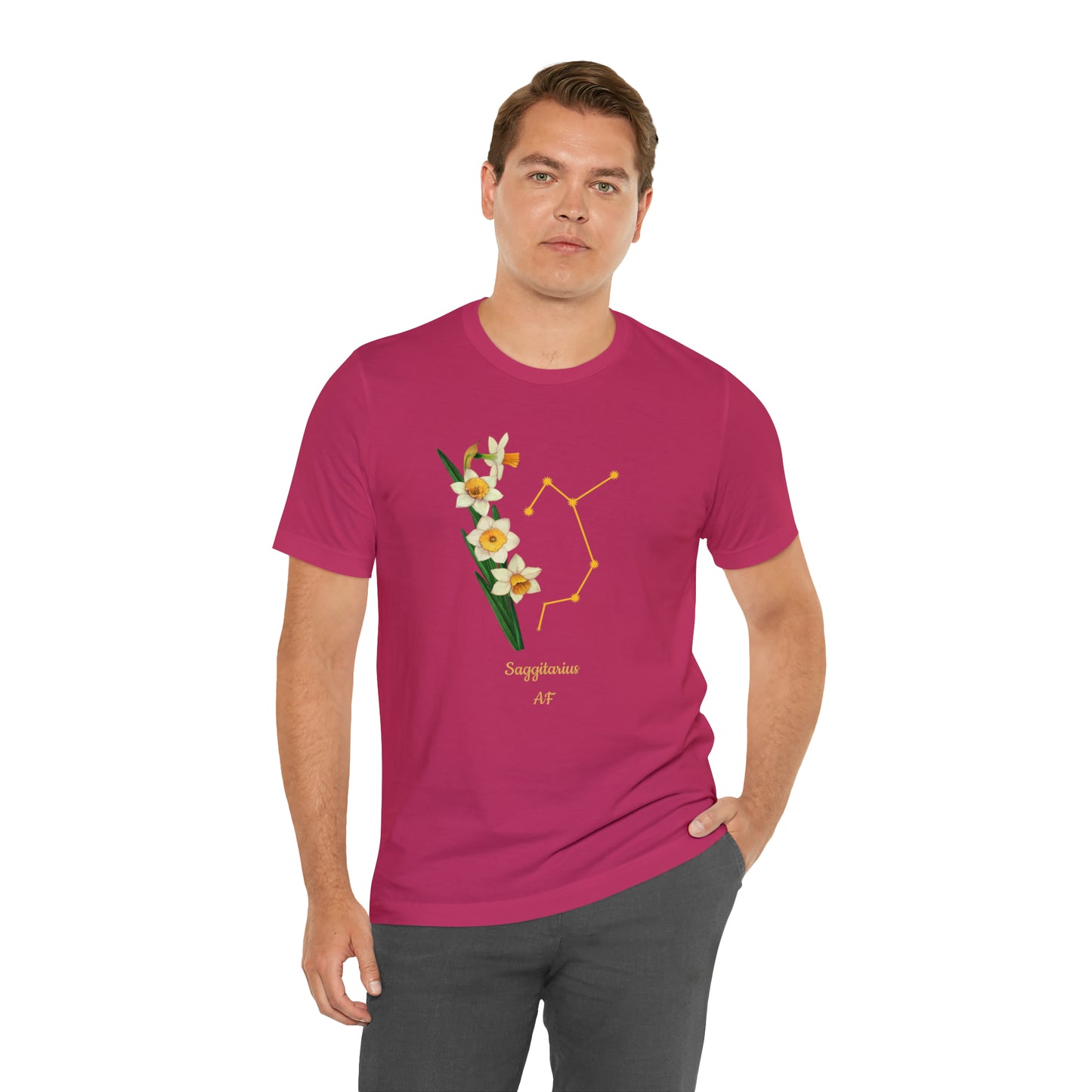 Sagittarius Daffodil Bunch & Stars AF T-Shirt | Fun Sagittarius T-Shirt | Zodiac T-Shirt | Zodiac Sign Shirt | Astrology | Star Sign | Unisex Jersey Short Sleeve Tee