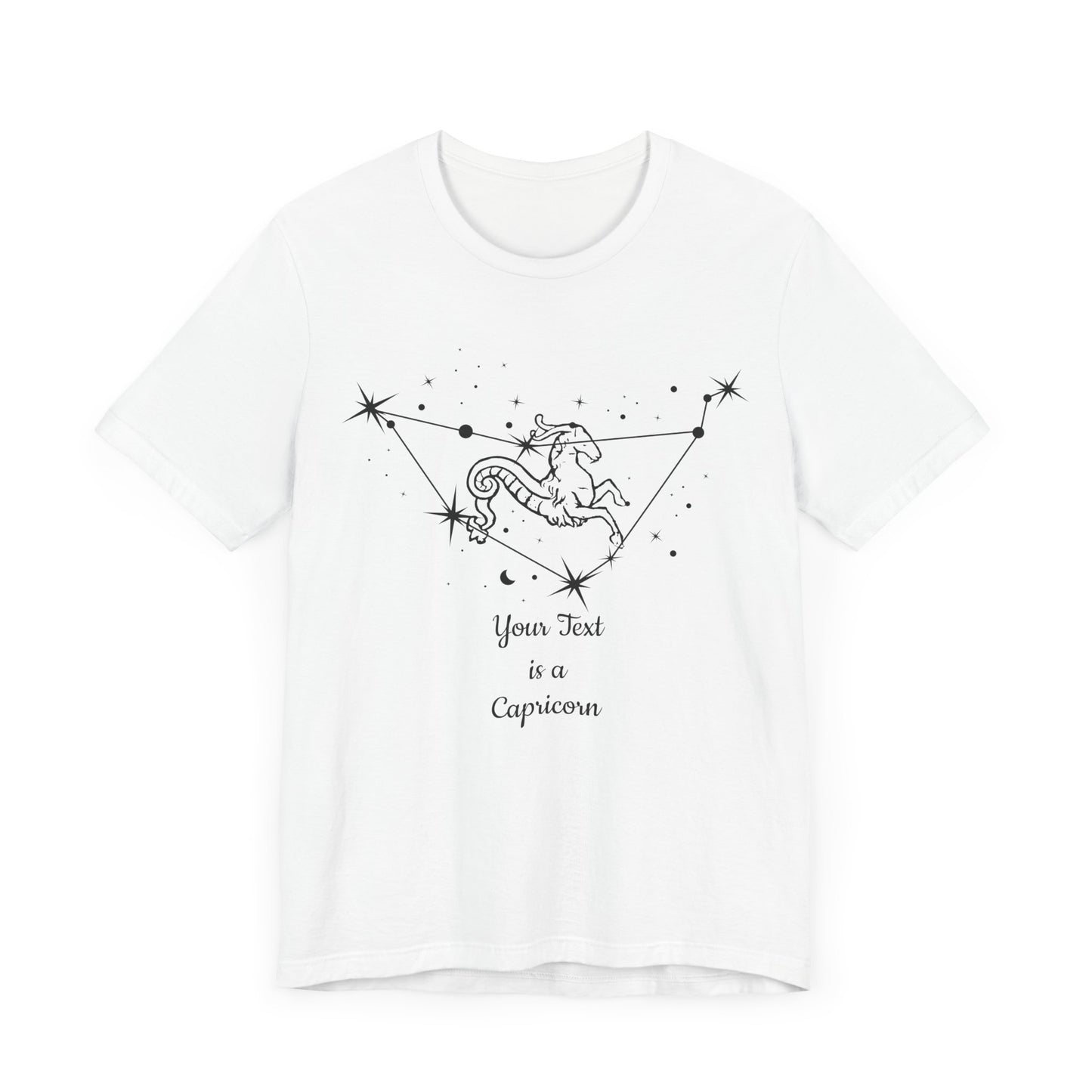 Your TEXT on Capricorn Goat Black T-Shirt | Email Us Your Name to info@catchrisapparel.com | Zodiac T-Shirt | Zodiac Sign Shirt | Astrology | Star Sign | Unisex Jersey Short Sleeve Tee