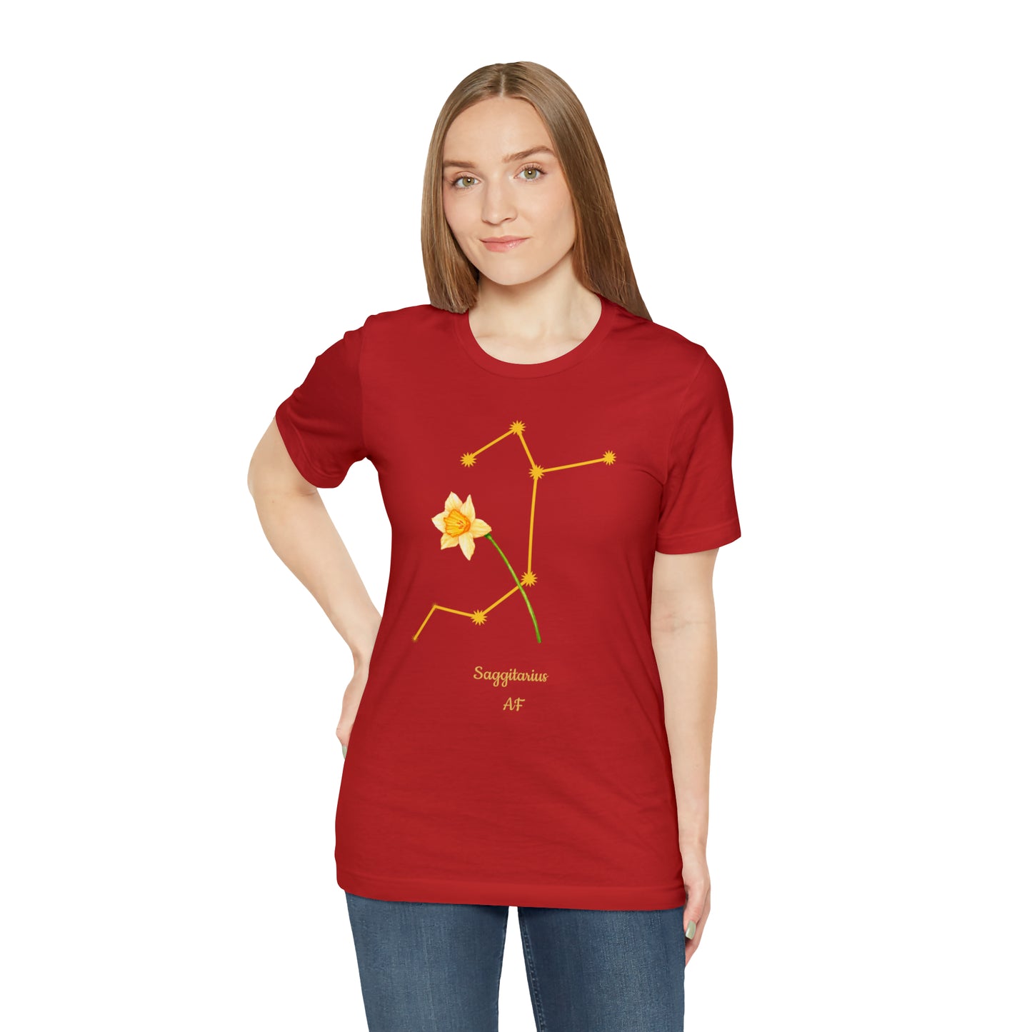 Sagittarius Daffodil Flower & Stars AF T-Shirt | Fun Sagittarius T-Shirt | Zodiac T-Shirt | Zodiac Sign Shirt | Astrology | Star Sign | Unisex Jersey Short Sleeve Tee