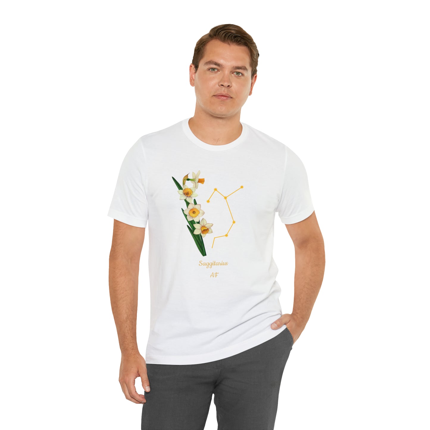 Sagittarius Daffodil Bunch & Stars AF T-Shirt | Fun Sagittarius T-Shirt | Zodiac T-Shirt | Zodiac Sign Shirt | Astrology | Star Sign | Unisex Jersey Short Sleeve Tee