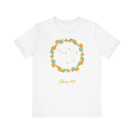 Libra Star Sign and Yellow Flower Garland T-Shirt | Fun Virgo T-Shirt | Zodiac T-Shirt | Zodiac Sign Shirt | Astrology | Star Sign | Unisex Jersey Short Sleeve Tee