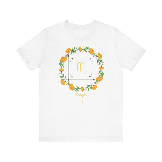 Scorpio AF Garland & Symbol T-Shirt | Fun Scorpio T-Shirt | Zodiac T-Shirt | Zodiac Sign Shirt | Astrology | Star Sign | Unisex Jersey Short Sleeve Tee